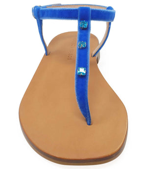 Blue jeweled thong sandal with buckle ankle strap, open toe, tan sole