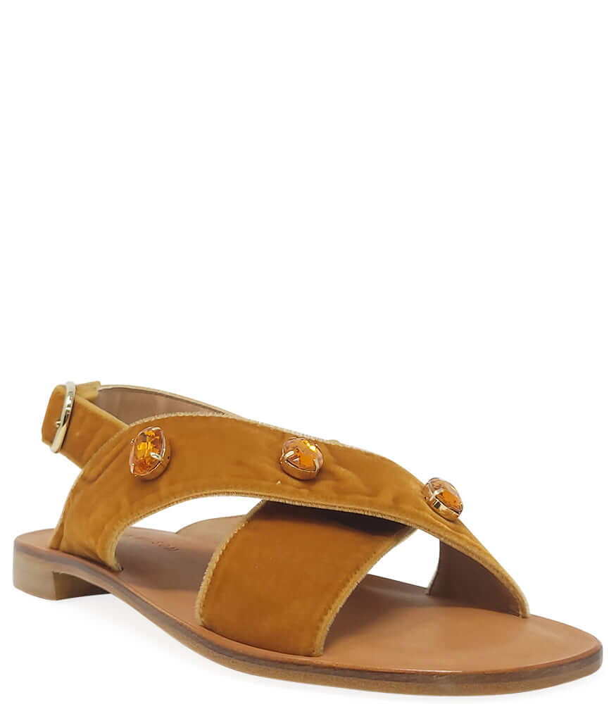 Women’s copper-brown suede criss-cross sandals with jeweled buckle strap and low heel
