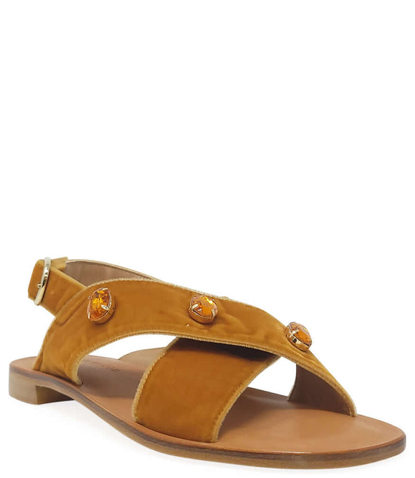 Women’s copper-brown suede criss-cross sandals with round jeweled studs and low heel