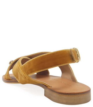 Women’s copper-brown suede slide sandals with criss-cross straps and jeweled detail