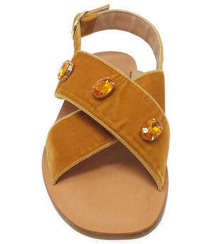 Women’s copper-brown suede criss-cross sandals with two round jeweled stones and buckle
