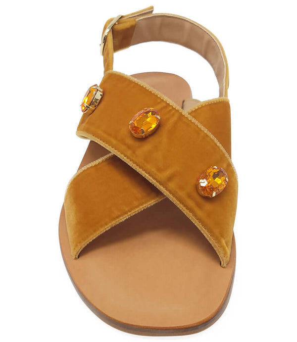 Women’s copper-brown suede criss-cross sandals with two round jeweled stones and buckle