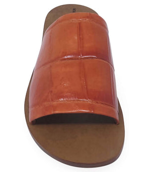 Orange open-toe slide sandal close-up, textured vamp and cushioned footbed
