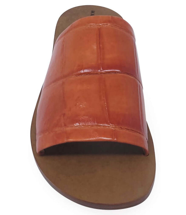 Orange open-toe slide sandal close-up, textured vamp and cushioned footbed