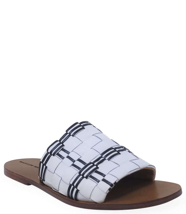 Open-toe slide sandal with white upper and black woven banded straps