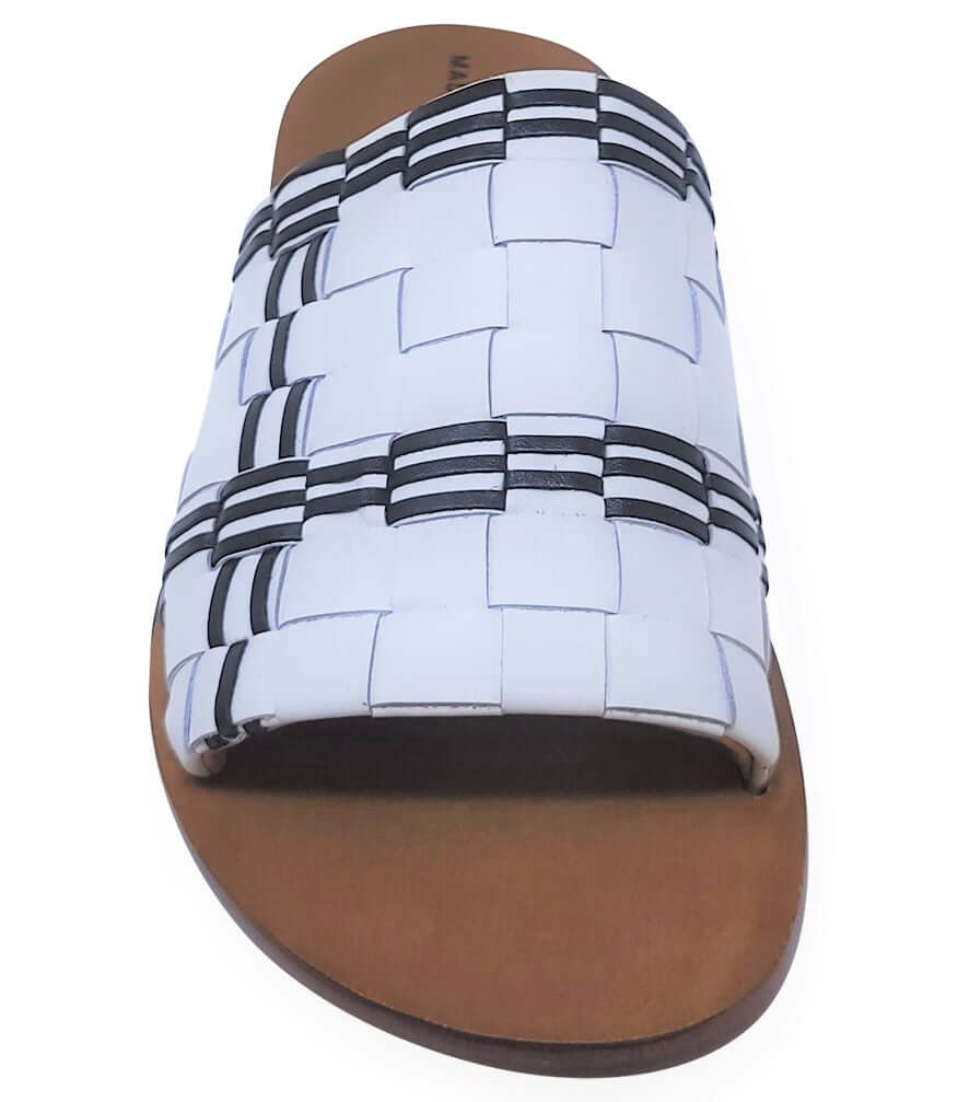 Open-toe flat sandal with white-and-black woven strap upper