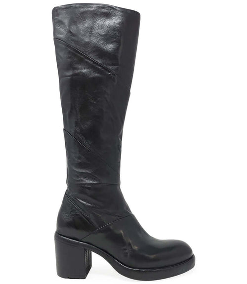 Black leather platform knee-high boot with chunky block heel and wide sole