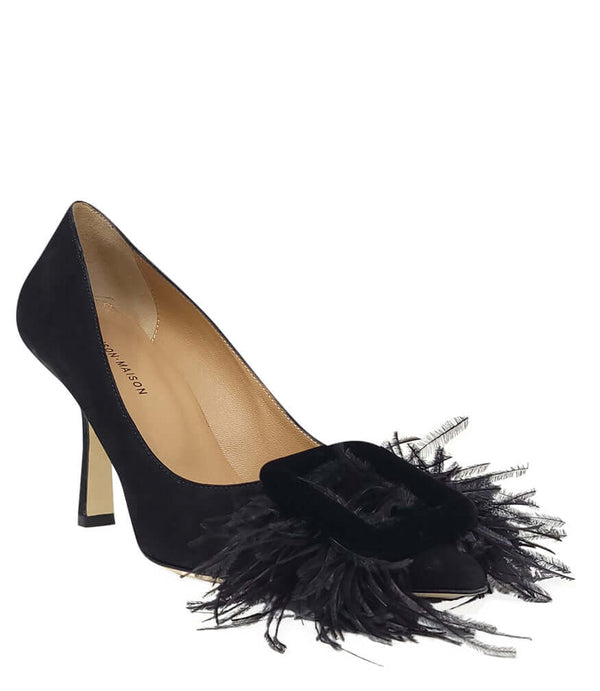 Black suede feather heel pump with pointed toe and black feather accent at front