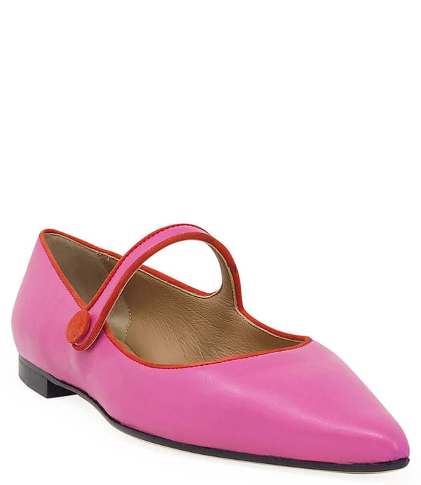 Pink leather pointy-toe ballet flats with cross strap and low black sole