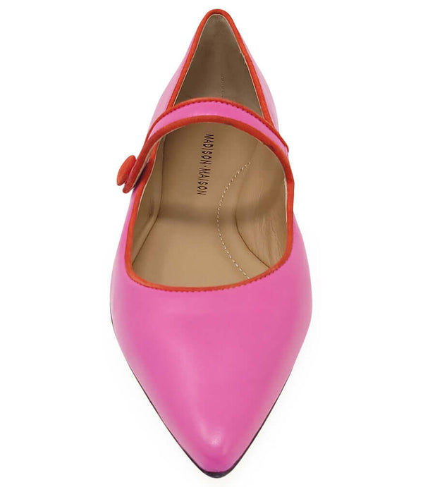 Pink leather pointed ballet flats with cross strap and visible insole lining