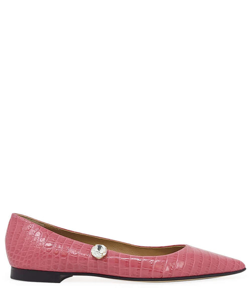 Pink croc-print flat with pointed toe and jeweled strap detail, black low sole