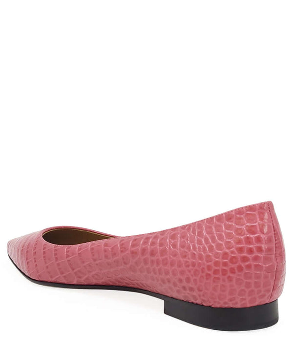 Pink croc-print flat shoe with pointed toe and black low block heel