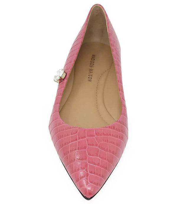 Pink croc-print pointed flat with beige interior lining and jeweled side detail