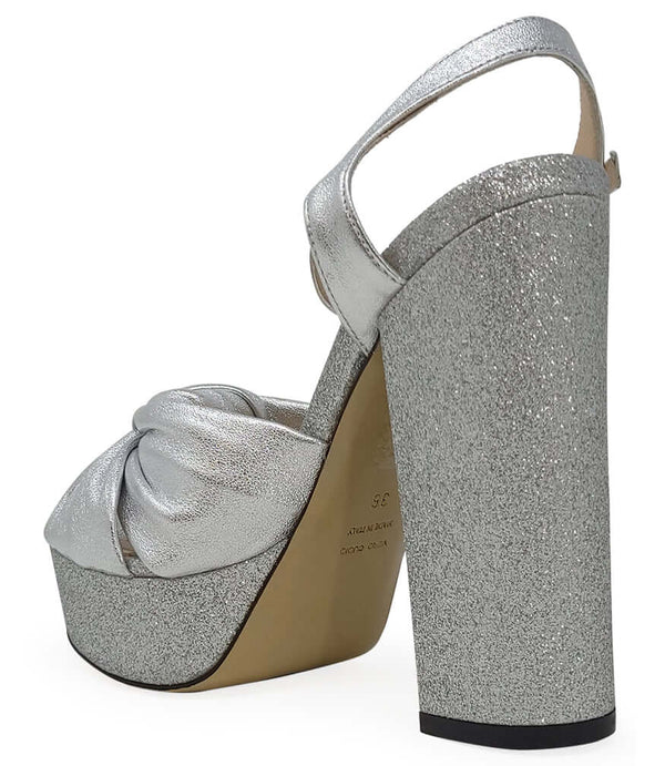 Silver glitter platform sandal heel with block heel and ankle strap
