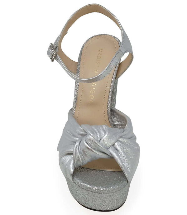 Silver glitter high-heel sandal with knotted bow front and ankle strap