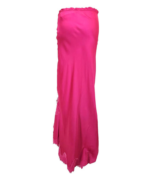 Fuchsia drawstring maxi skirt with ruched top and lace scalloped hem
