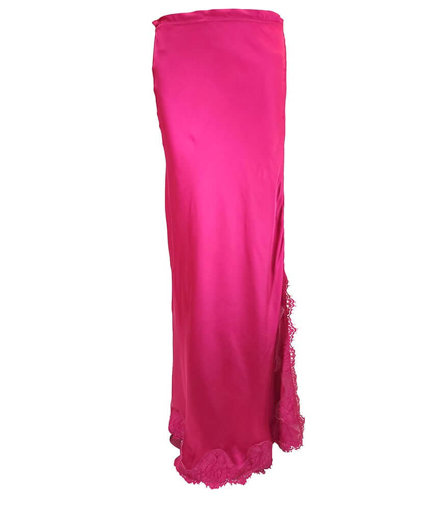 Fuchsia drawstring maxi skirt with ruched waist and lace trim hem