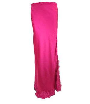 Fuchsia drawstring maxi skirt with ruched waist and lace trim hem