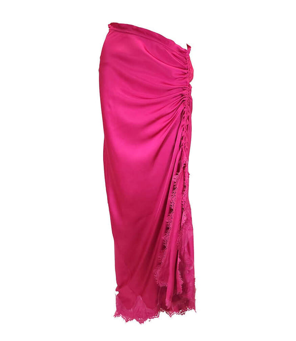 Fuchsia drawstring skirt with ruched waist and lace-trim slit hem