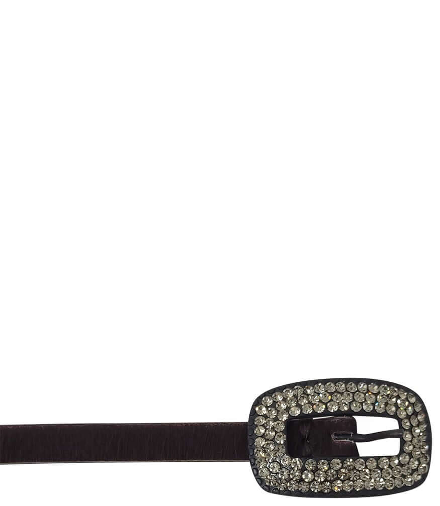 Brown leather belt with rhinestone buckle and rectangular metal keeper