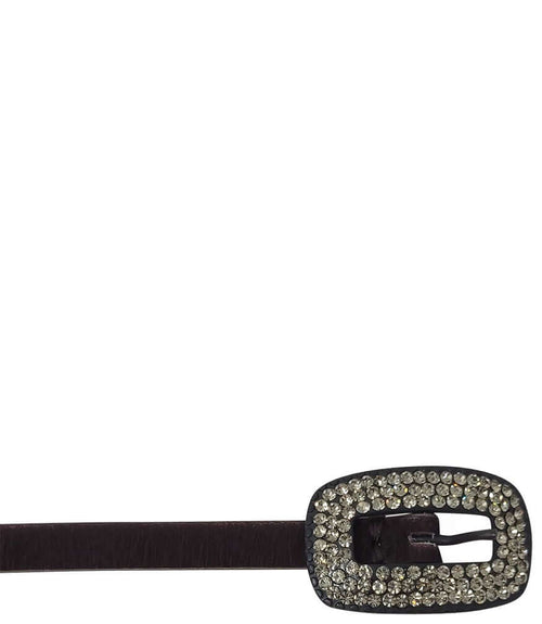 Brown leather belt with rhinestone buckle and rectangular metal keeper