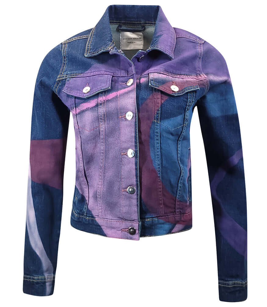 Multicolor stretch denim cotton jacket with button front, pointed collar, flap pockets