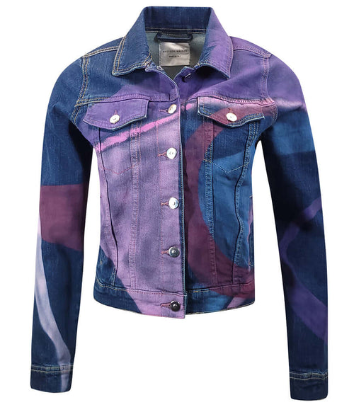 Multicolor stretch denim cotton jacket with button front, pointed collar, flap pockets