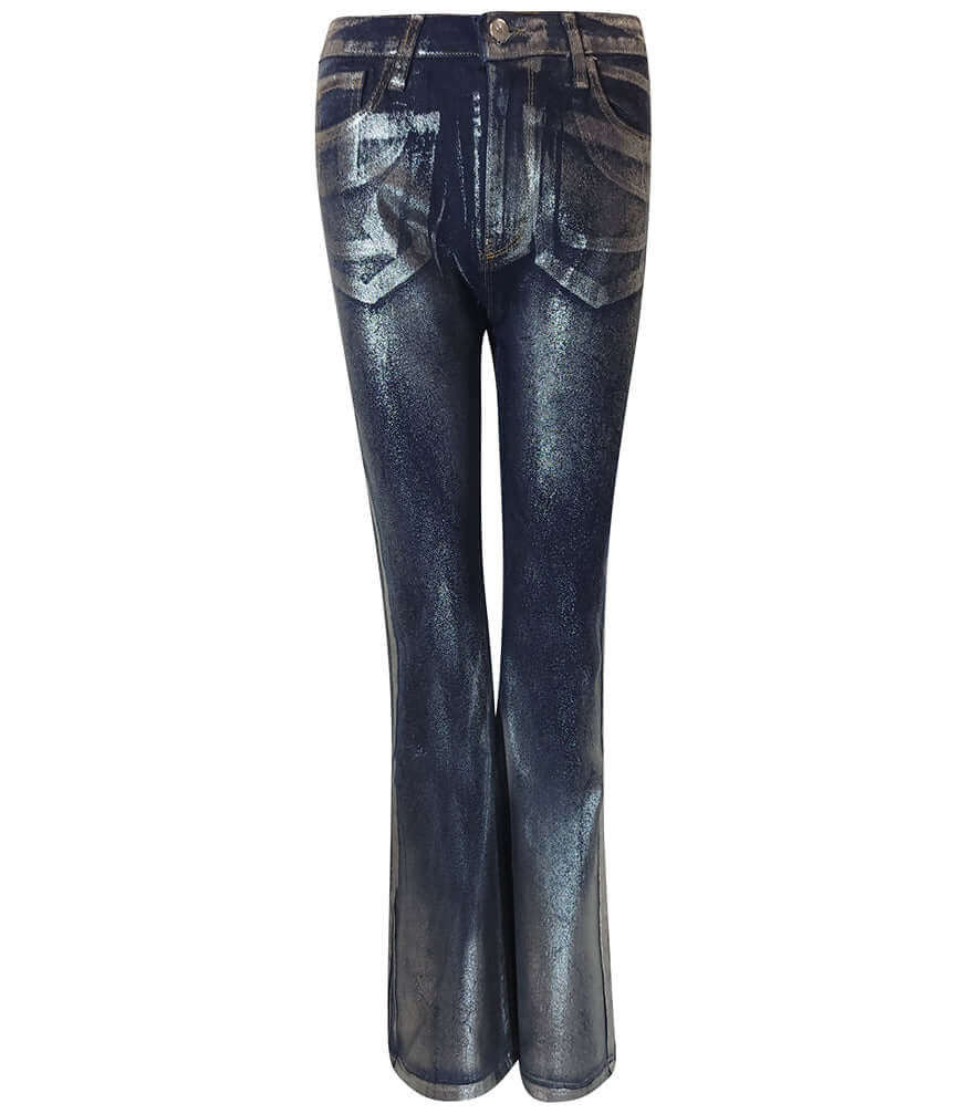 Laminated dark blue jeans with five pockets, belt loops, and stitched seams