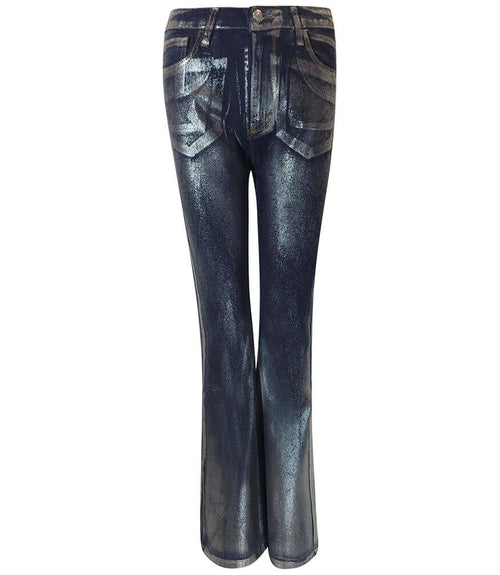 Laminated dark blue jeans with five pockets, belt loops, and stitched seams