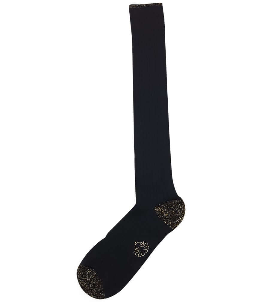 Women’s long black socks with gold speckled toe, heel, and ankle logo