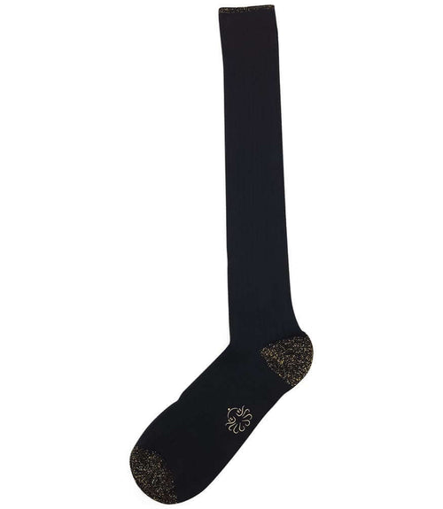Women’s long black socks with gold speckled toe, heel, and ankle logo