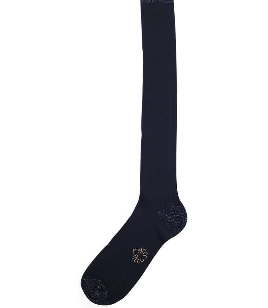 Long dark blue ribbed socks with small gold logo at ankle and foot detail