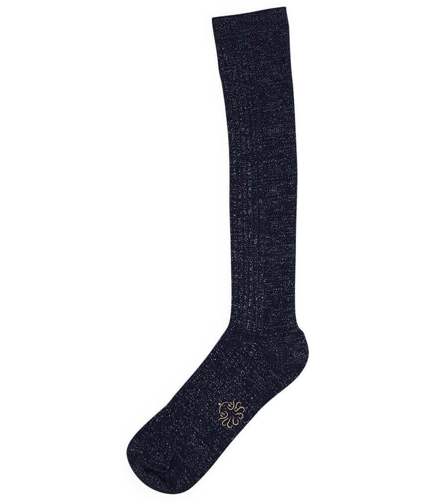 Women's long blue socks with subtle knit texture and small decorative logo at ankle.