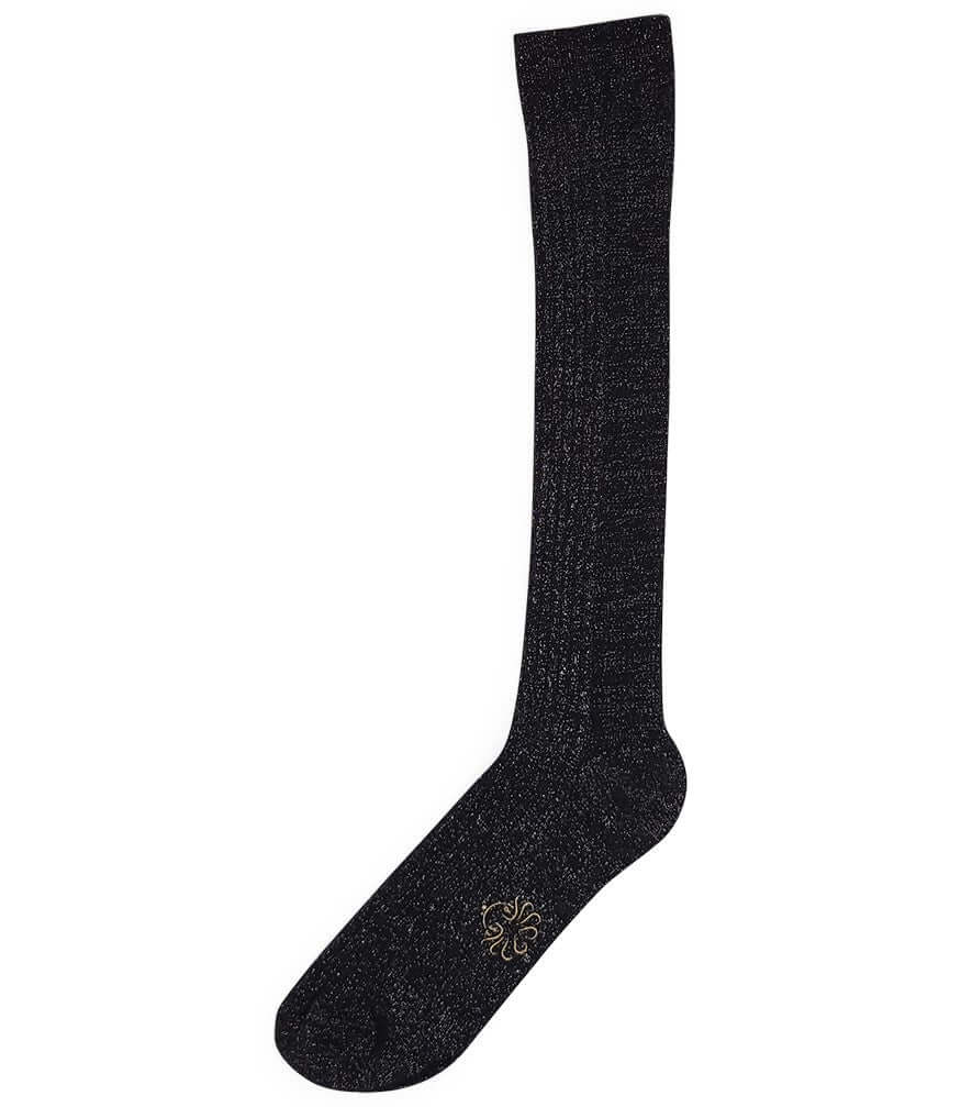 Black long women’s socks with speckled knit and decorative gold logo on cuff