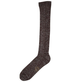 Women's long brown knit socks with heather texture, crew height