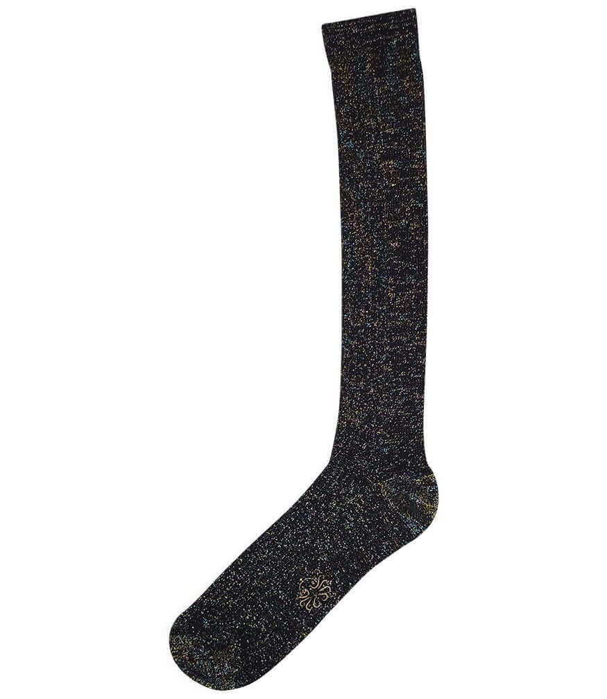 Long black speckled socks with lace-like decorative knit at toe and leg