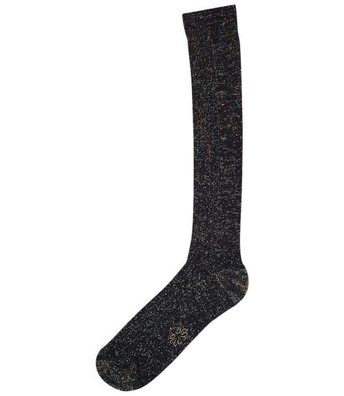 Long black speckled socks with lace-like decorative knit at toe and leg