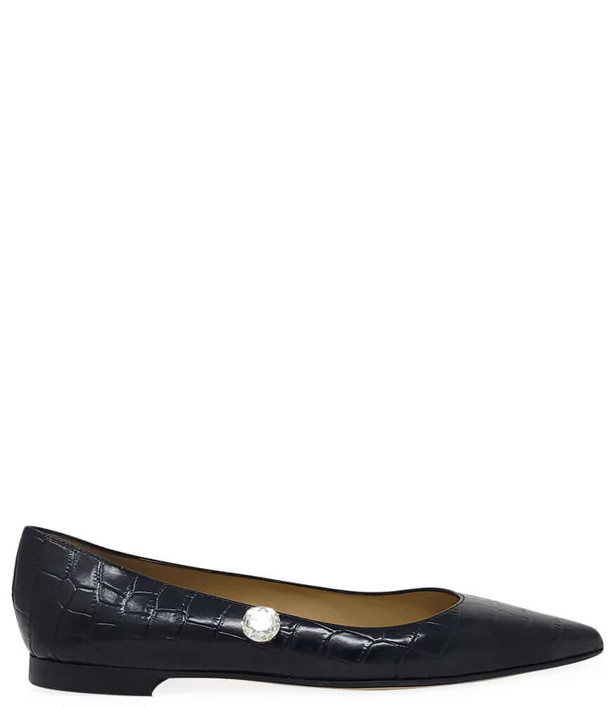 Black croc-print leather ballet flats with pointed toe and silver buckle detail
