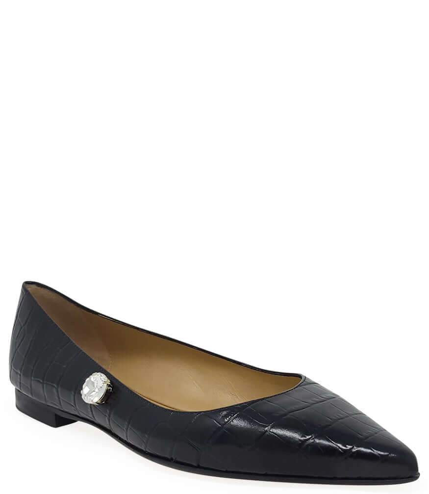 Black croc-print leather ballet flats with pointed toe and silver buckle detail