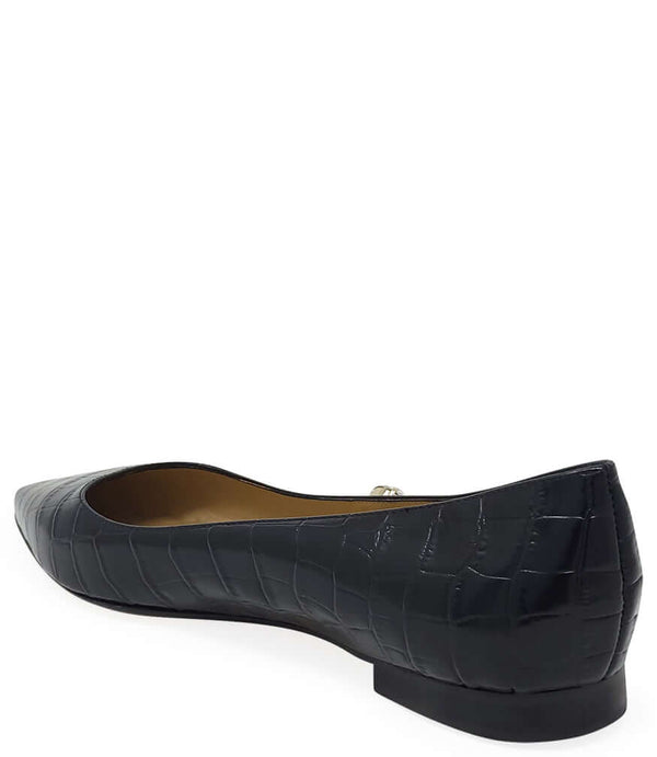 Black croc-print leather ballet flats with pointed toe and stacked low heel