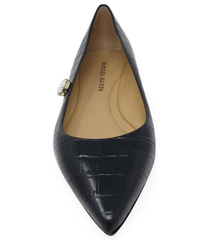 Black croc-print pointed ballet flats with silver buckle at the vamp