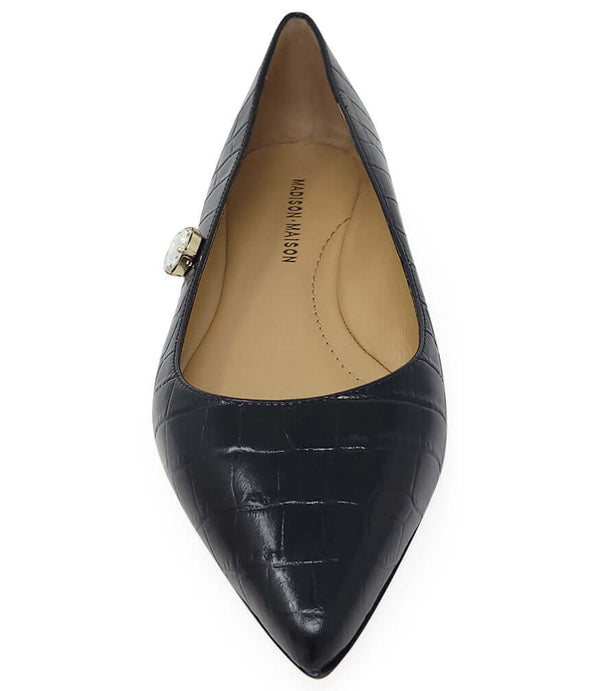 Black croc-print pointed ballet flats with silver buckle at the vamp