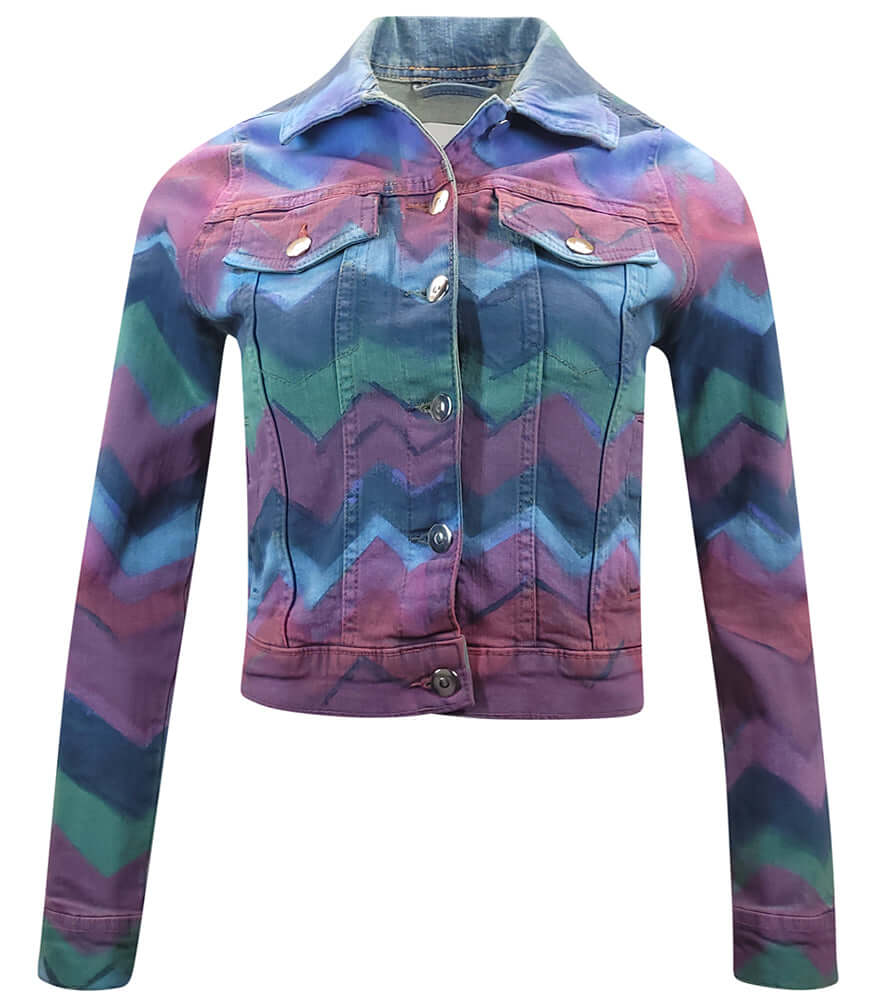 Light blue cotton slim jean jacket with button front, collar, and flap chest pockets