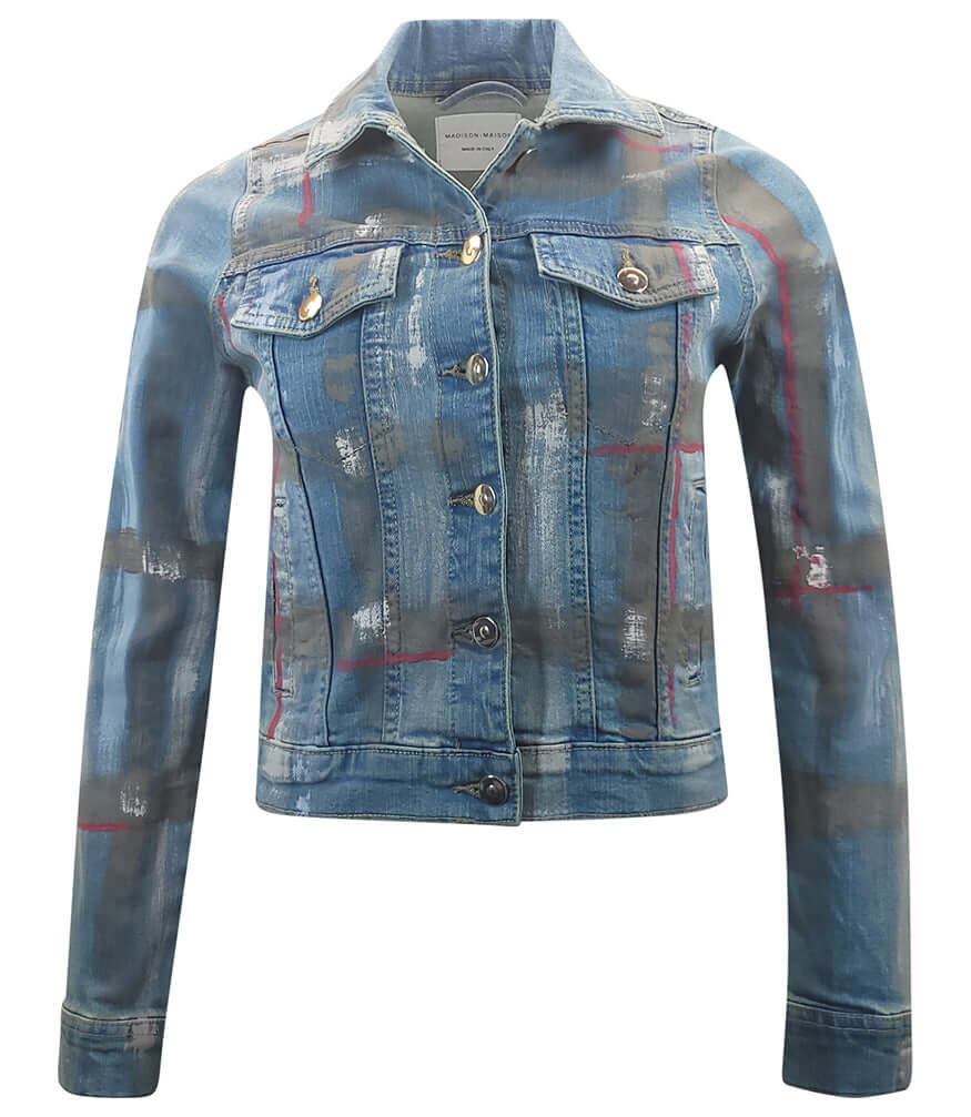 Light blue cotton denim slim jean jacket with button front and chest flap pockets