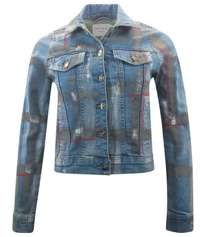 Light blue cotton denim slim jean jacket with button front and chest flap pockets