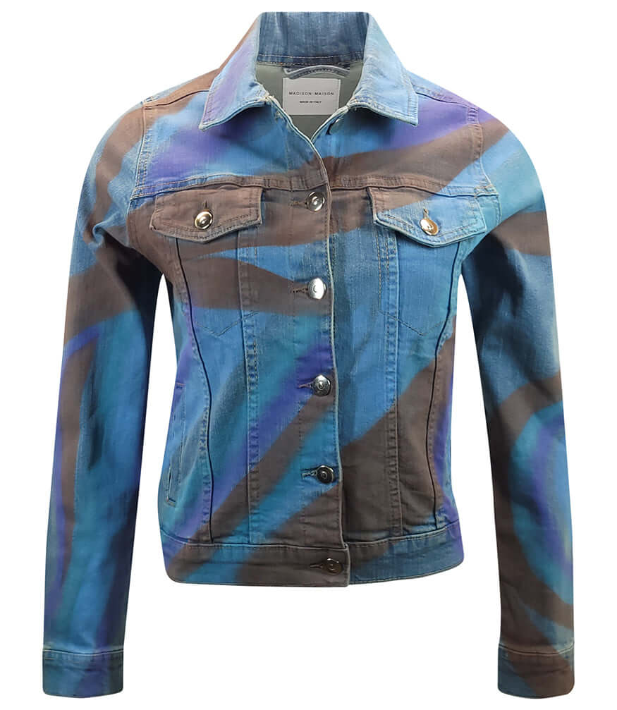 Light blue cotton slim jean jacket, button front, chest and side flap pockets