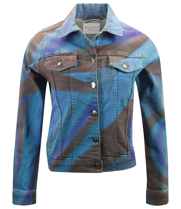 Light blue cotton slim jean jacket, button front, chest and side flap pockets