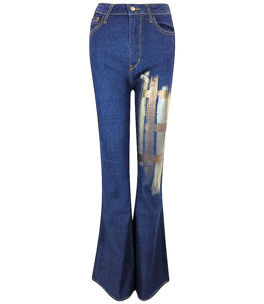 Dark blue cotton flare jeans with front button and zip; distressed graphic on one leg