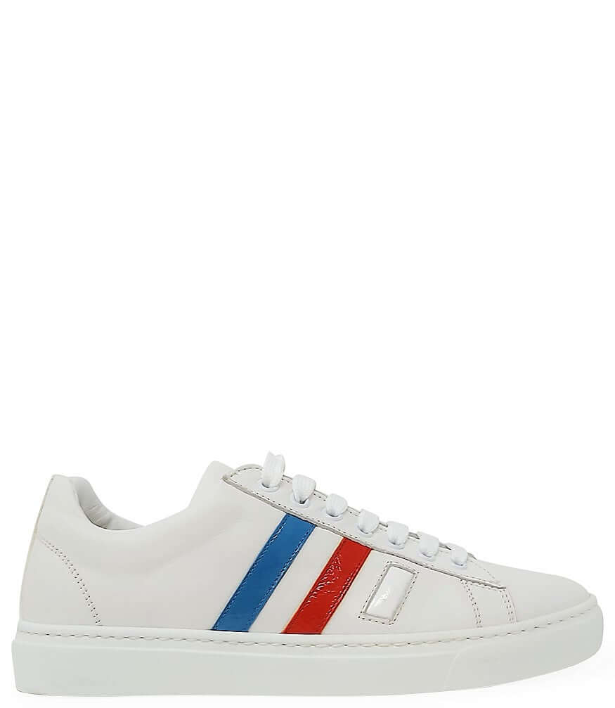 Women's white leather sneakers with blue and red 3-stripe side branding