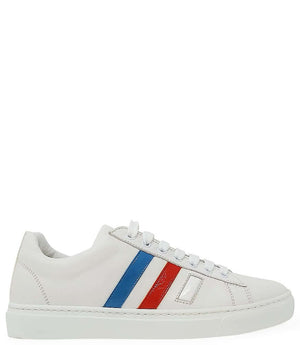 Women's white leather sneakers with blue and red 3-stripe side branding